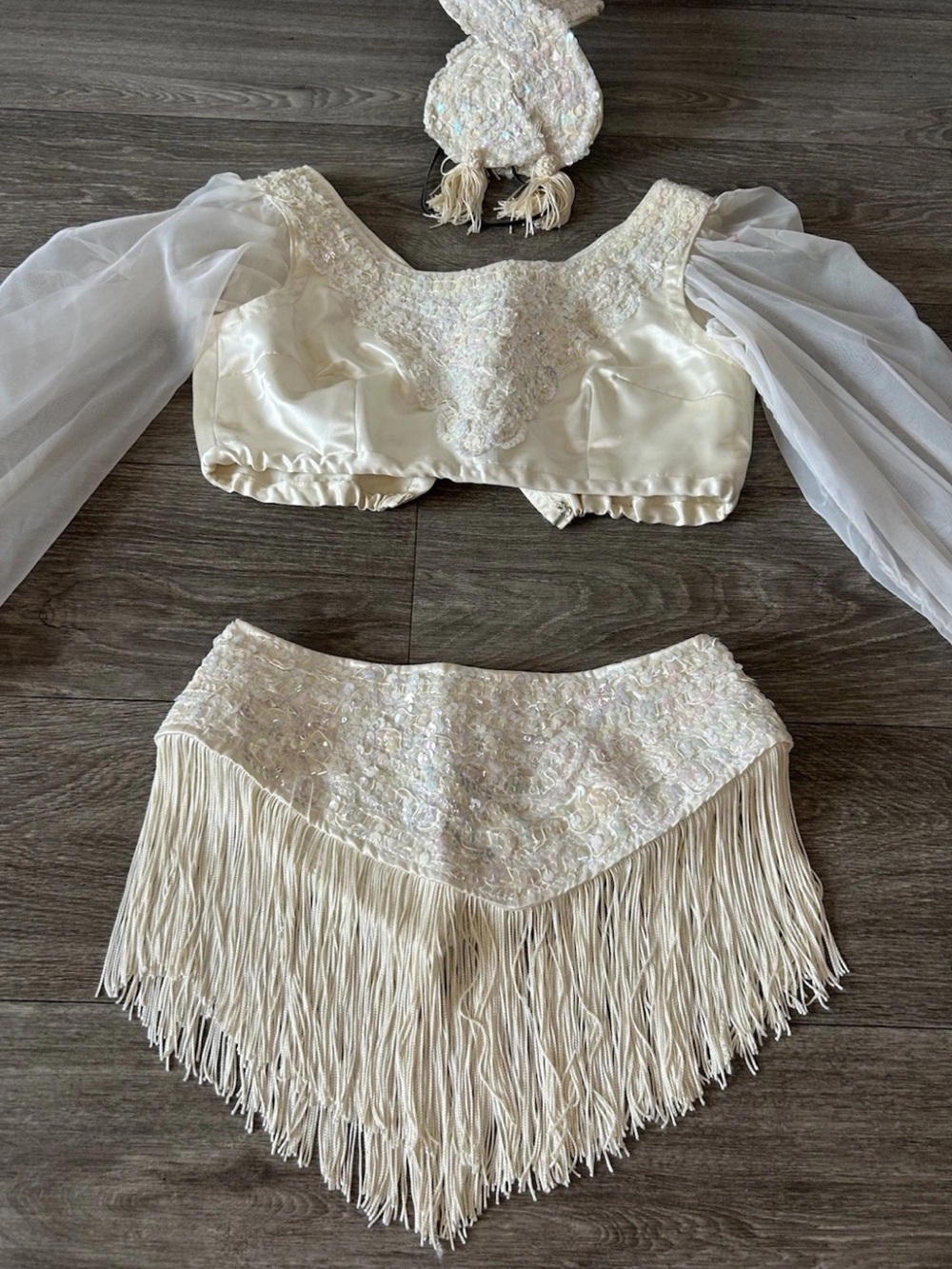 Vintage Showgirl Costume 3pc White Sequin Fringe Burlesque Vegas Dance XS